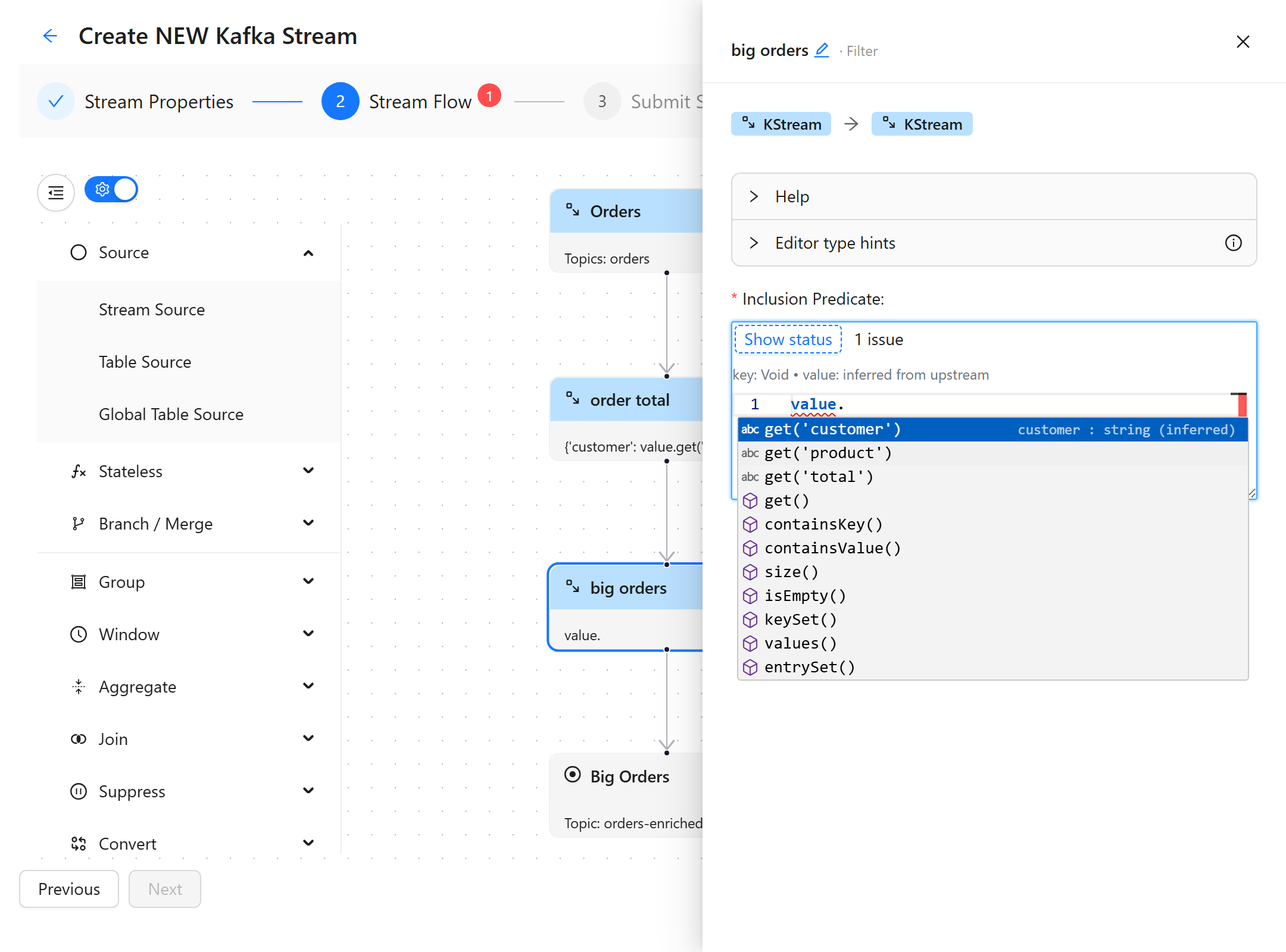 A SpEL completion dropdown in the filter node, offering get('customer'), get('product') and get('total'), with the type hint reading "customer : string (inferred)"